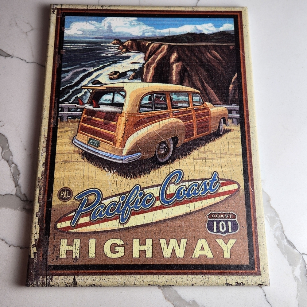 PCH Pacific Coast Highway California Surf Surfing Woodie Distressed Wood Sign